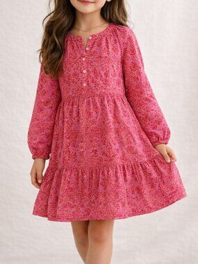 Girls Vineyard Vines Pink Floral Tiered Dress S Long Sleeve Cotton